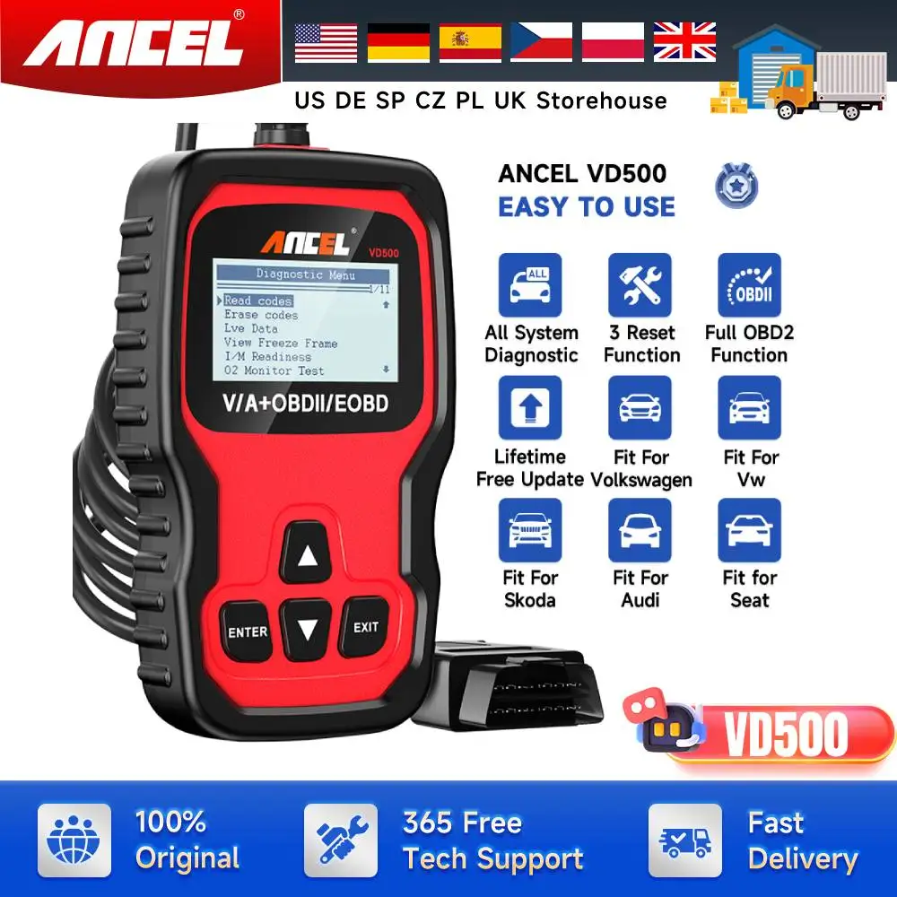 ANCEL VD500 Obd II ماسح ضوئي تشخيصي لـ V-A-G تحقق قارئ رمز ضوء المحرك النفط EPB خنق إعادة تعيين obd2 السيارات الماسح الضوئي