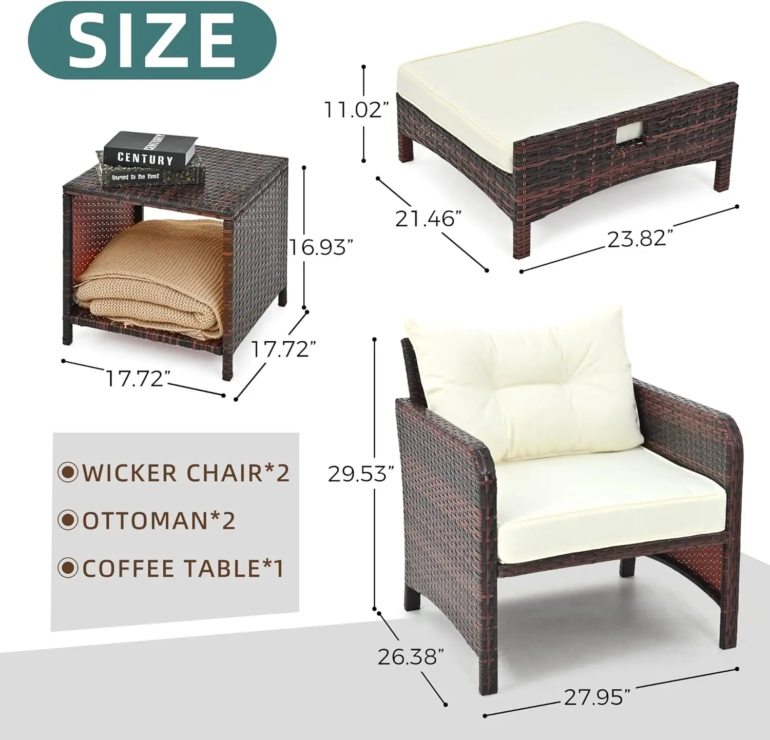 طقم فناء الروطان مكون من 5 قطع مع مسندين وكراسي خوص من البولي ايثيلين وطاولة قهوة لجانب حمام السباحة والشرفة والحديقة (بيج)