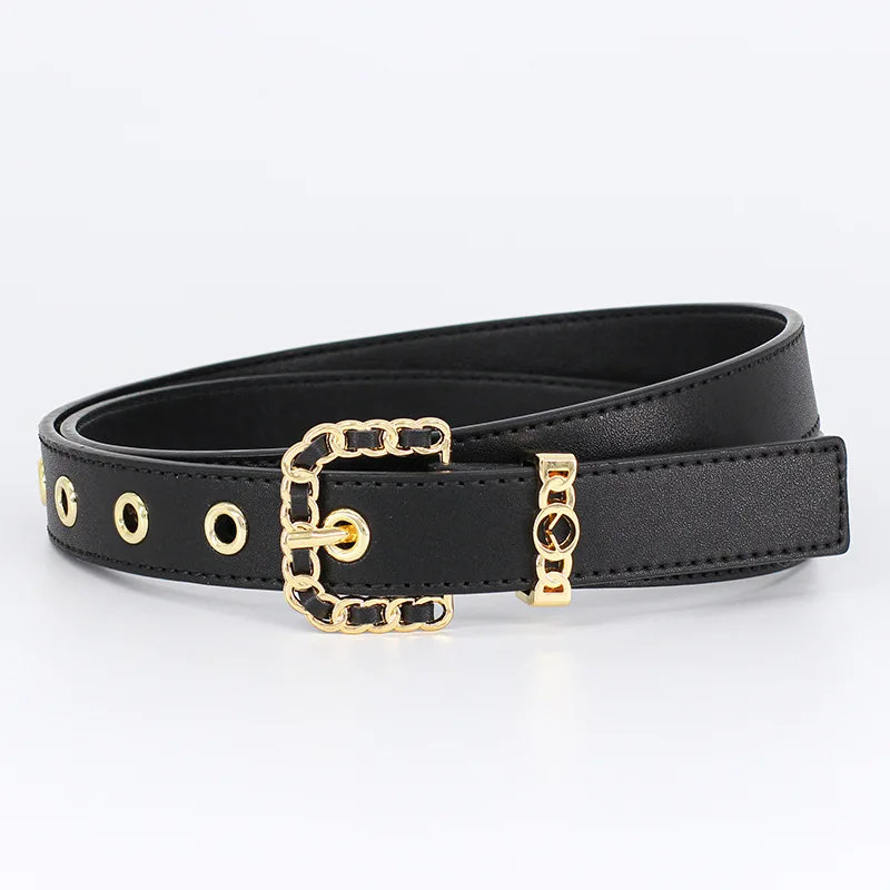 

Summer New Light Luxury Style Black Belt Two-layer Cowhide Buckle Head Wear Small Belt Shoe Eye Fashion All-match Designer Belt