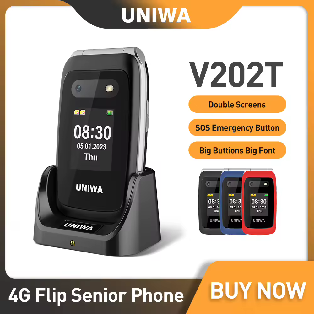 UNIWA V202T טלפון סניור 4G פליפ 2.4 אינץ 'מסך כפתור חירום עם תכונת טלפון 1450mAh כפתור דחיפה גדולה לקשישים