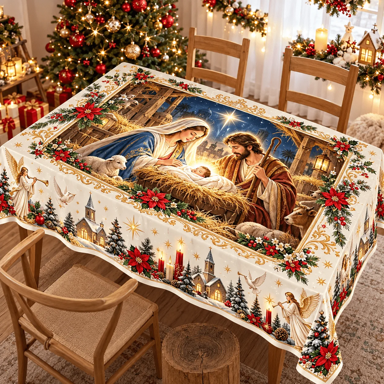1 square tablecloth, nativity-themed polyester tablecloth, church, Christmas tree and star print design