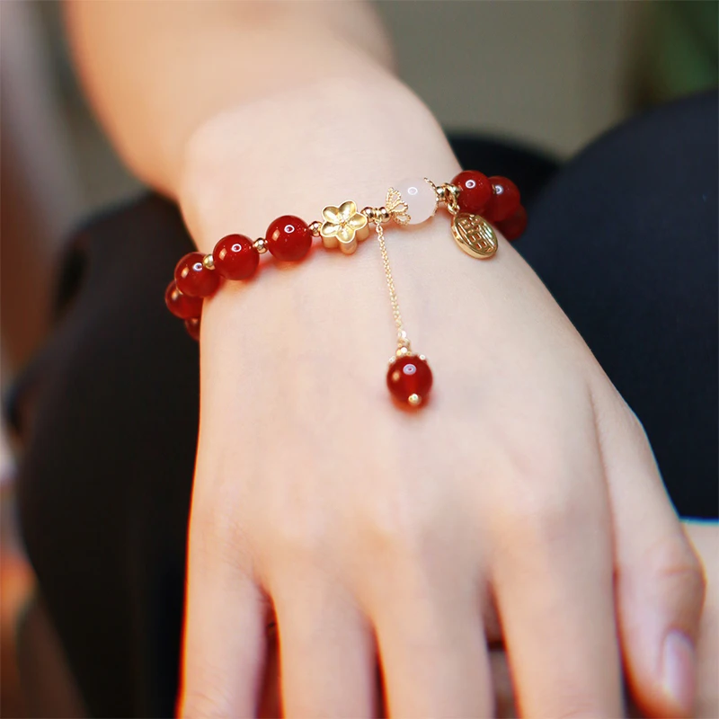 Fashion Creative Lucky Beaded Bracelet Chinese Style Vintage Light Luxury Peach Blossom Bracelet Women Jewelry Gift