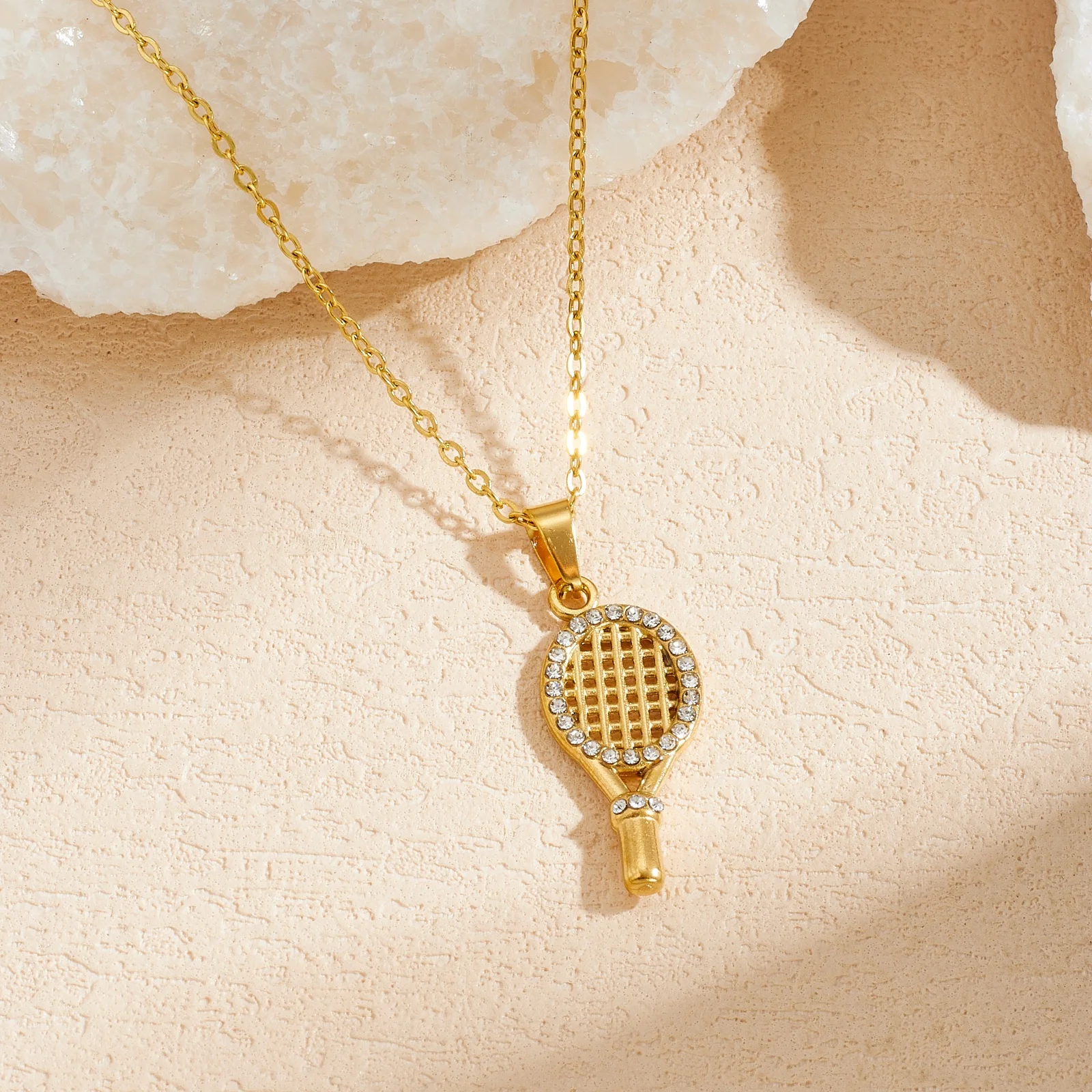 Edelstahl-Zirkon-Gold-Tennis-Schläger-Anhänger-Halskette für Frauen, minimalistische Halskette, modisches Schmuckgeschenk
