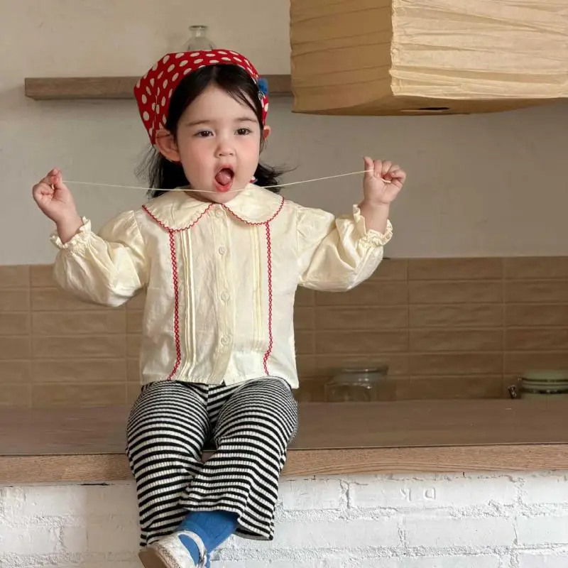 

2026 Spring New Baby Girl Long Sleeve Shirts Solid Girls Cute Lace Blouse Cotton Infant Lapel Tops Toddler Clothes