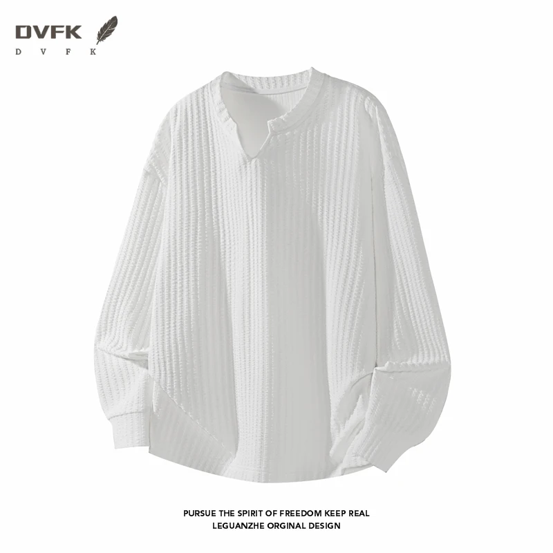 Men Vertical Texture Long Sleeve Henley Shirt Notch V Neck Loose Fit Breathable Casual Daily Top