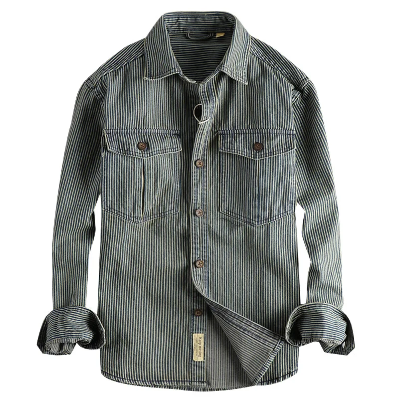 Yarn-dyed striped washed distressed retro workwear denim shirt men's European and American style trendy casual shirt jacket