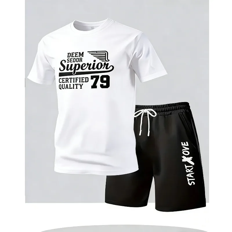 

Summer men's casual short-sleeved T-shirt and shorts sports outfit - comfortable printed lightweight quick-drying set