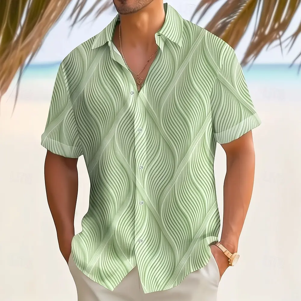 

Men's Short Sleeve Turndown Collar 3D Geometric Plaid Gradient Print Shirt, Casual for Spring Summer Daily Outdoor Vacation