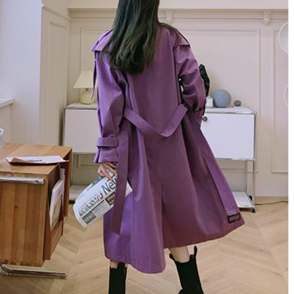 New in Outerwears Elegant Women Trenchcoat Purple Double Breasted Long Trench Coats Lapel Belted Jacket Mid Long Slim Clothes