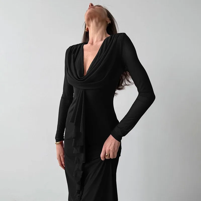 Outono novas mulheres maxi vestidos dupla moda camada malha streetwear mangas compridas vestido sólido sexy com decote em v vestidos femininos elegantes