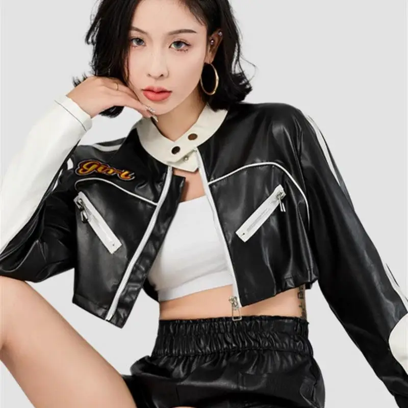 

2024 Winter Street Sle Motorcycle Jaet Women's Sexy ort Leather Contrast Color Personalized Cross-Border Biker Coat