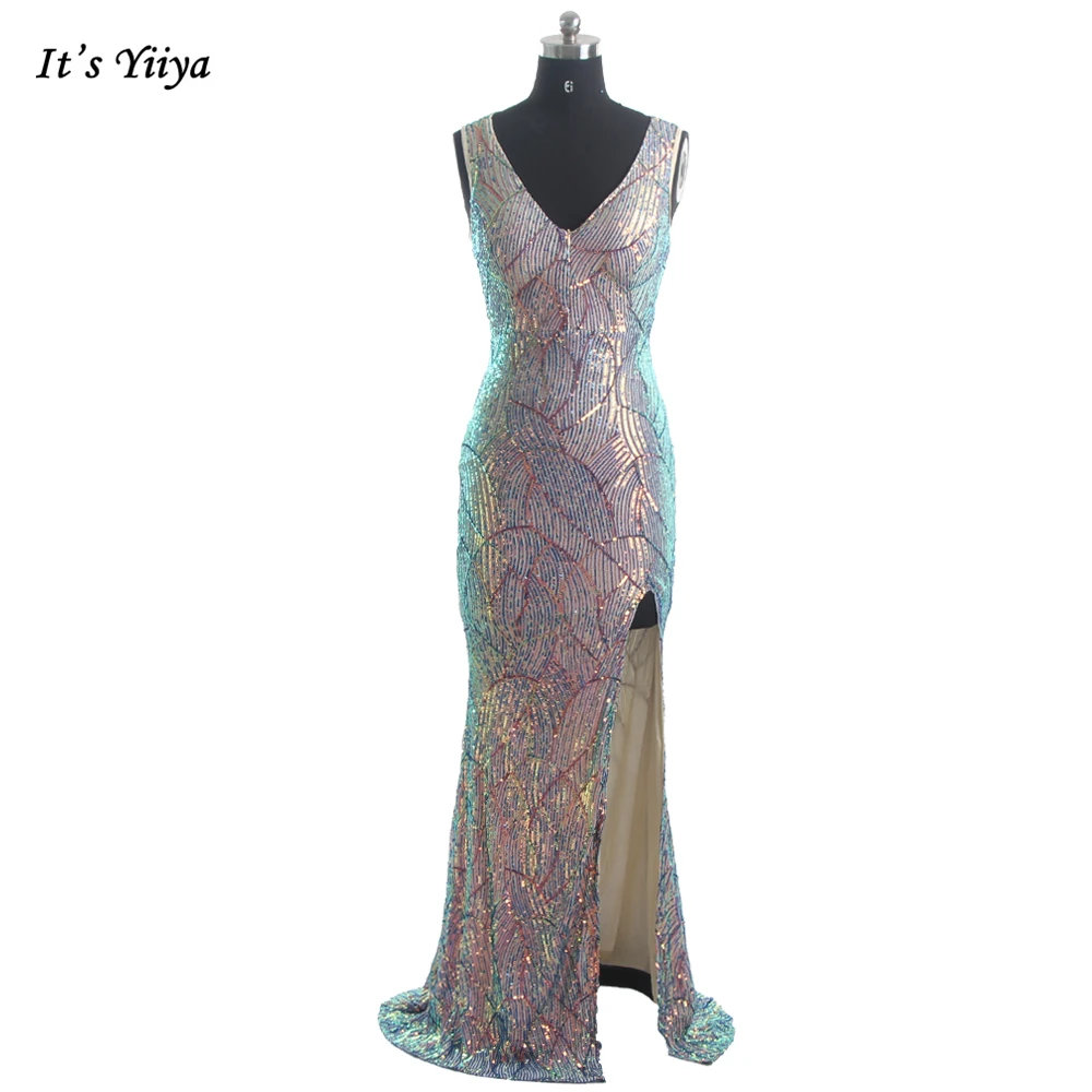 

It's Yiiya Evening Dress Sequins V-neck Women Party Dresses Backless Sequins Robe De Soiree Plus size Formal Evening Gowns C308