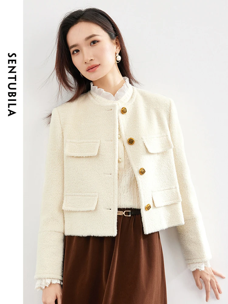 

SENTUBILA Elegant Woolen Cropped Tweed Jacket Female 2024 Spring Round Neck Loose Long Sleeve Coat for Office Ladies 134W52781