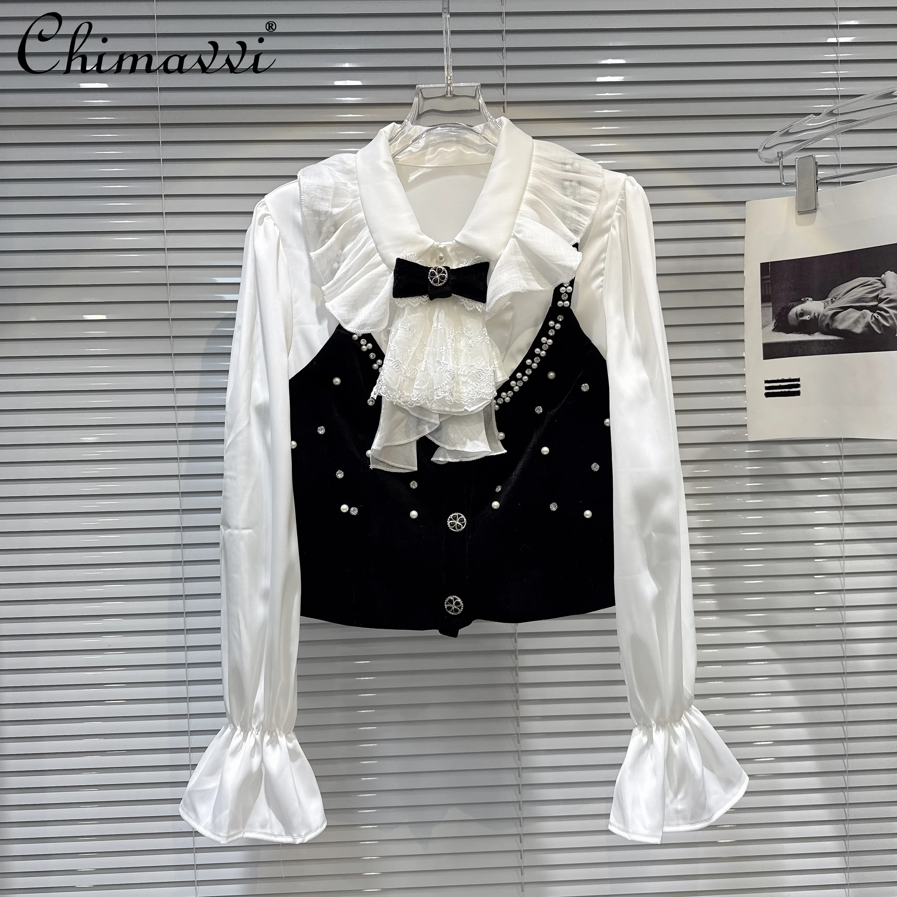 

Французские элегантные однобортные универсальные повседневные блузки с ромбовидным воротником и расклешенными рукавами, расшитые бисером, рубашки для женщин, летние