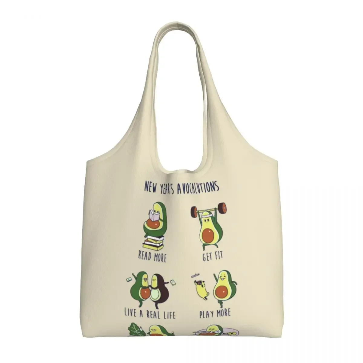 New Year's Resolutions With Avocado Groceries Shopping Tote Bags Fruit Vegan Canvas Shoulder Shopper  Big Capacity Handbag