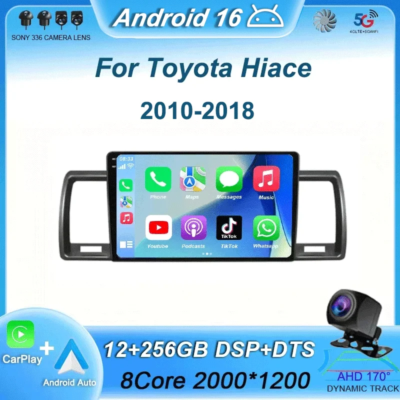 Android 16 Carplay Auto For Toyota Hiace 2010-2018 Car Radio Multimedia Video Player Head Unit GPS Navigation Stereo 2din 2 DIN