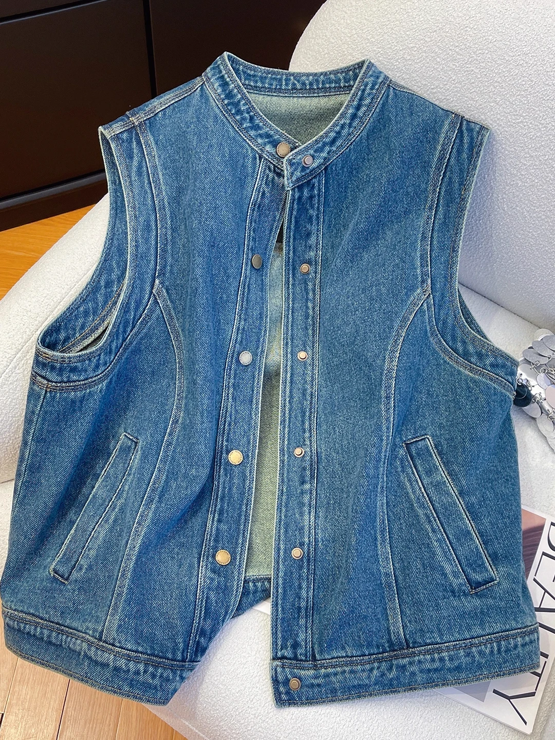 

Large Size 300 Pou Spring Autumn Sle Waed Bleached Small Stand Collar Korean Version Casual Denim Vest ex Svele...