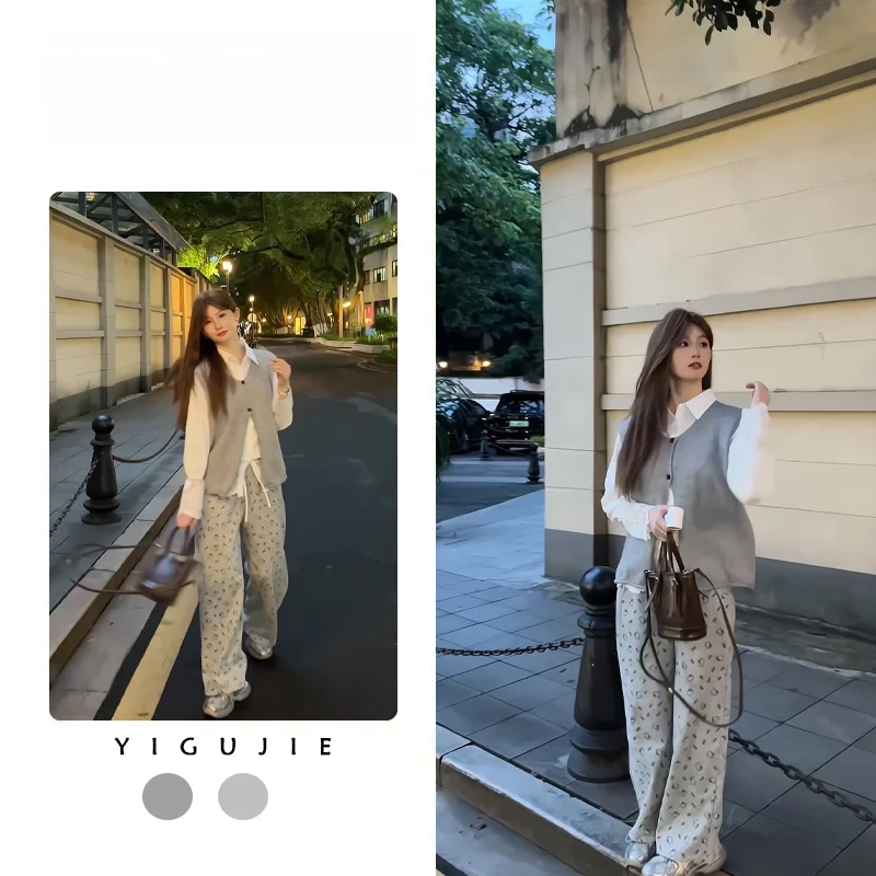 

Winter 2026 Loose Lace Shirt And Wide Leg Pants Three Piece Set Grey Vest Atmosphere Feeling Fashionable Women's Clothing