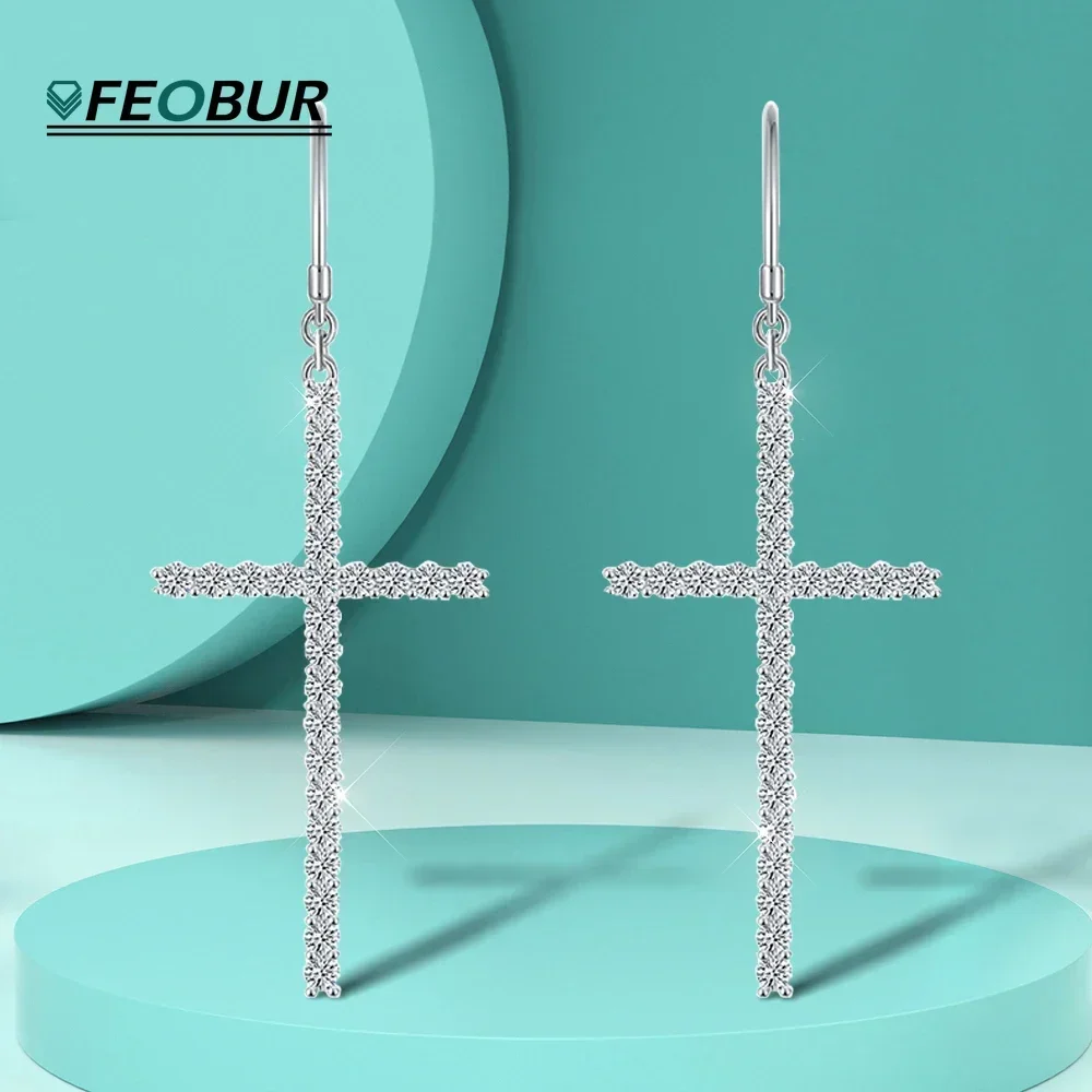 1.25 Carat Oversized Cross Full Moissanite Drop Earrings for Women S925 Sterling Silver Plated 18K Gold Ear Hooks Fine Jewelry