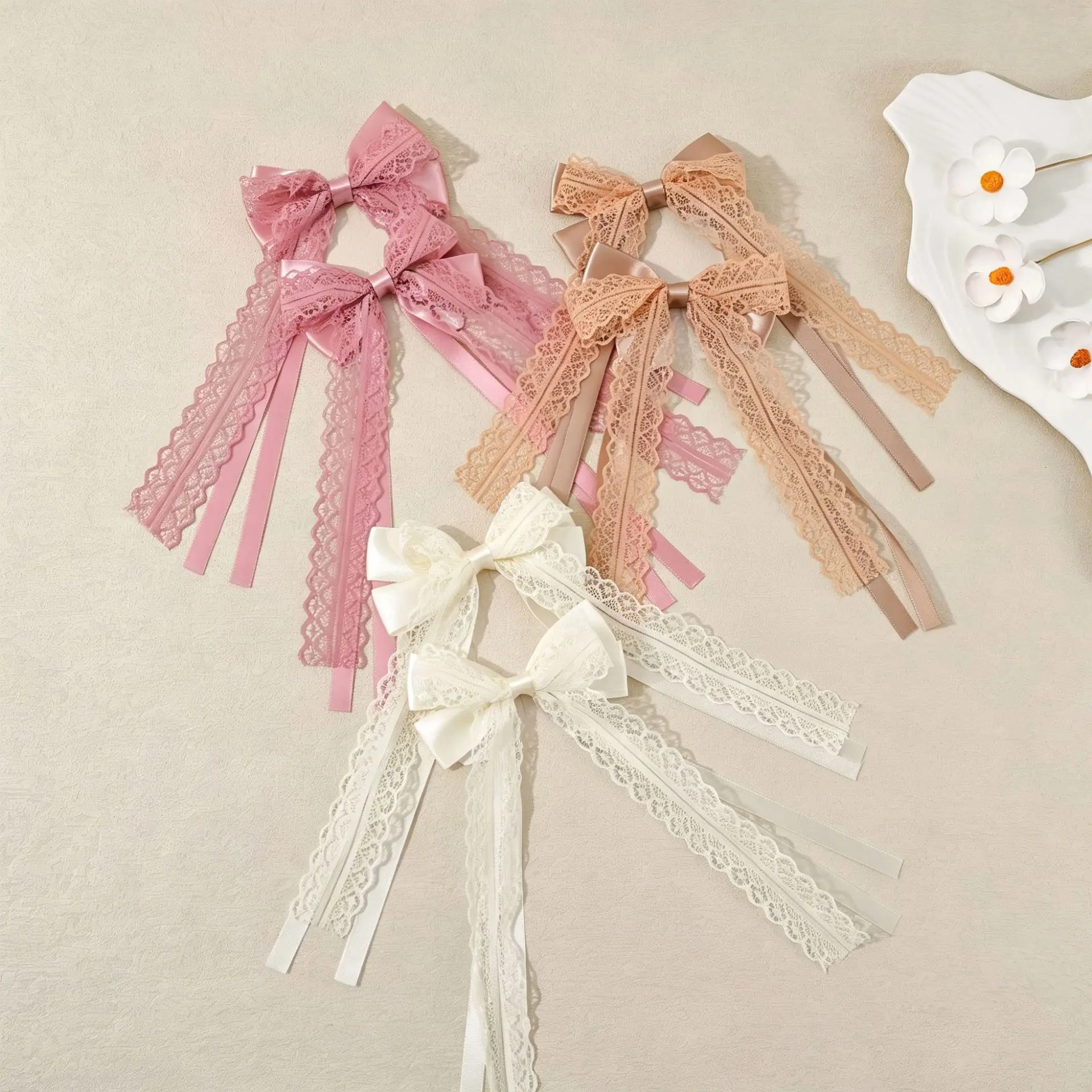 36pc Satin Ribbon Bow Hair Clips with Long Tassel Tail Lace Embroidery Barrettes Fashionable Hairpins for Baby Girls Kids Bulk