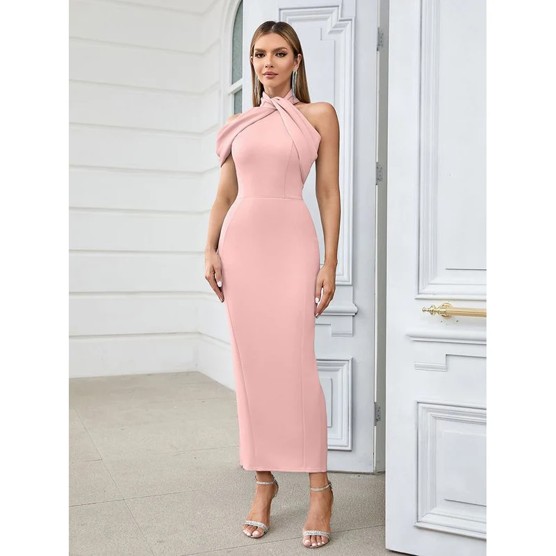 MSMUSI 2024 New Fashion Women Sexy Halter Off The Shoulder Draped Fold Sleeveless Bodycon Party Club Event Midi Dress Vestidos