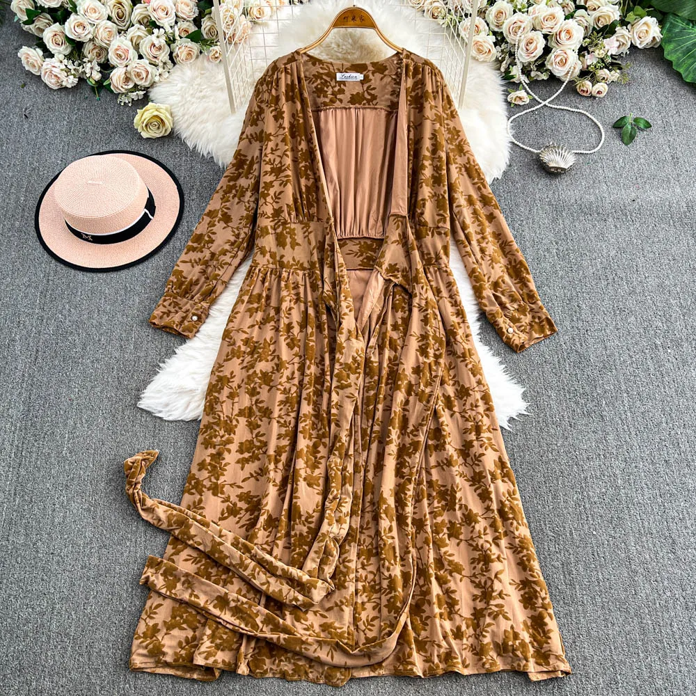 Elegante maniche lunghe vintage scollo a V chic fasciatura stampa abiti lunghi spaccati sottili da sera High Street autunno inverno abbigliamento in velluto