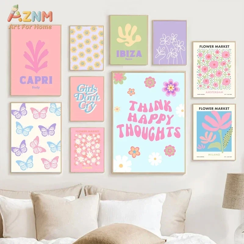 AZNM Pastel Flower Market Canvas Wall Art Think Happy Thoughts Quote Butterfly Floral Print Preppy Girls Bedroom Aesthetic Decor