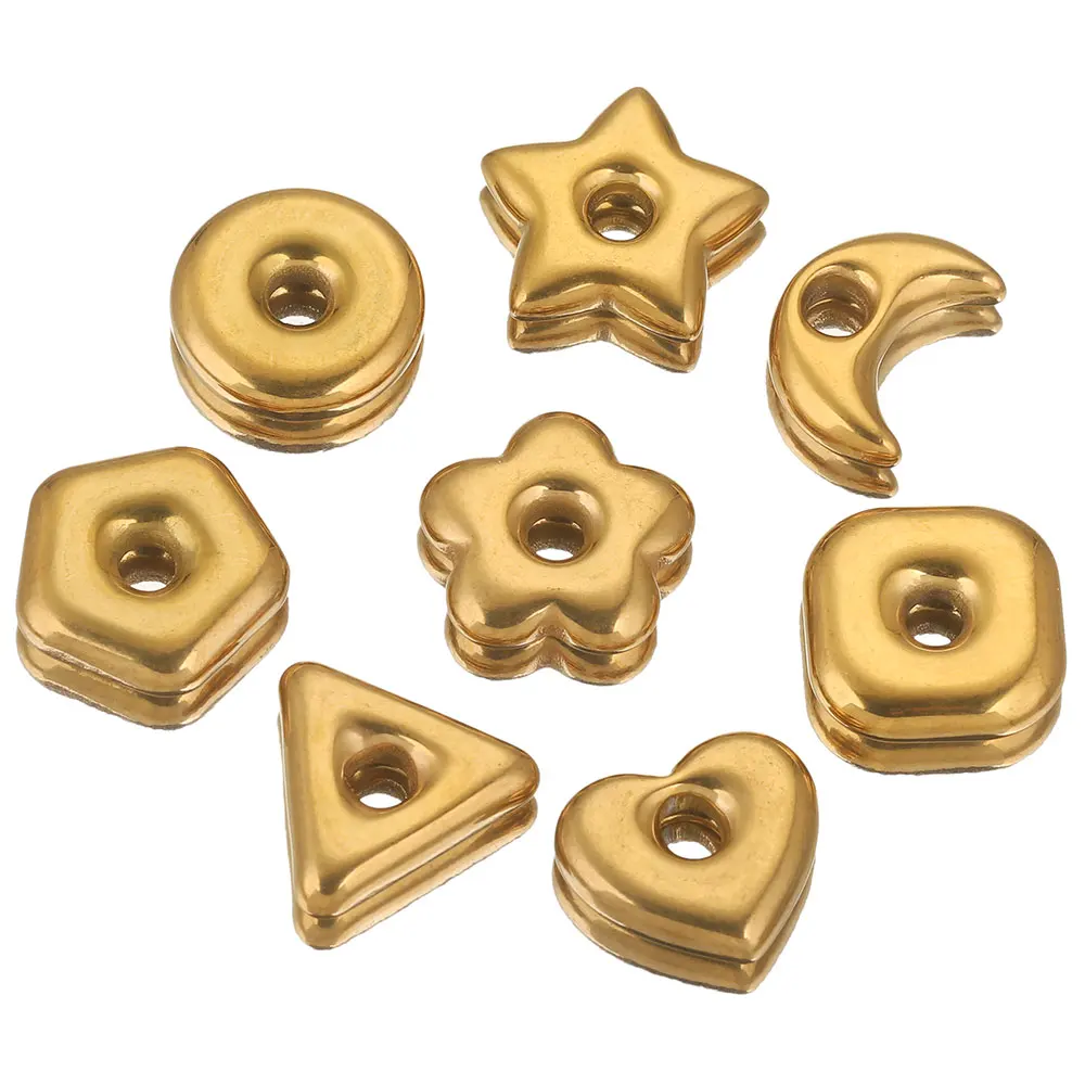 5 Stück/Set Edelstahl Goldfarben Große Herz-, Stern-, Rund- und Blumen-Flachperlen Charms Abstandhalter-Perlen für DIY Schmuckherstellung Zubehör