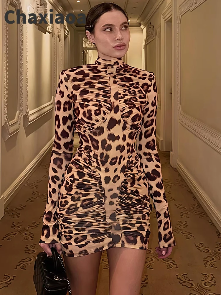 ชุดเดรสสั้นแขนยาวลายเสือดาว Chaxiaoa สำหรับผู้หญิง ดีไซน์เซ็กซี่ คอเต่า เปิดหลัง ทรงเข้ารูป ผ้ารุ้ง สำหรับงานปาร์ตี้คลับ