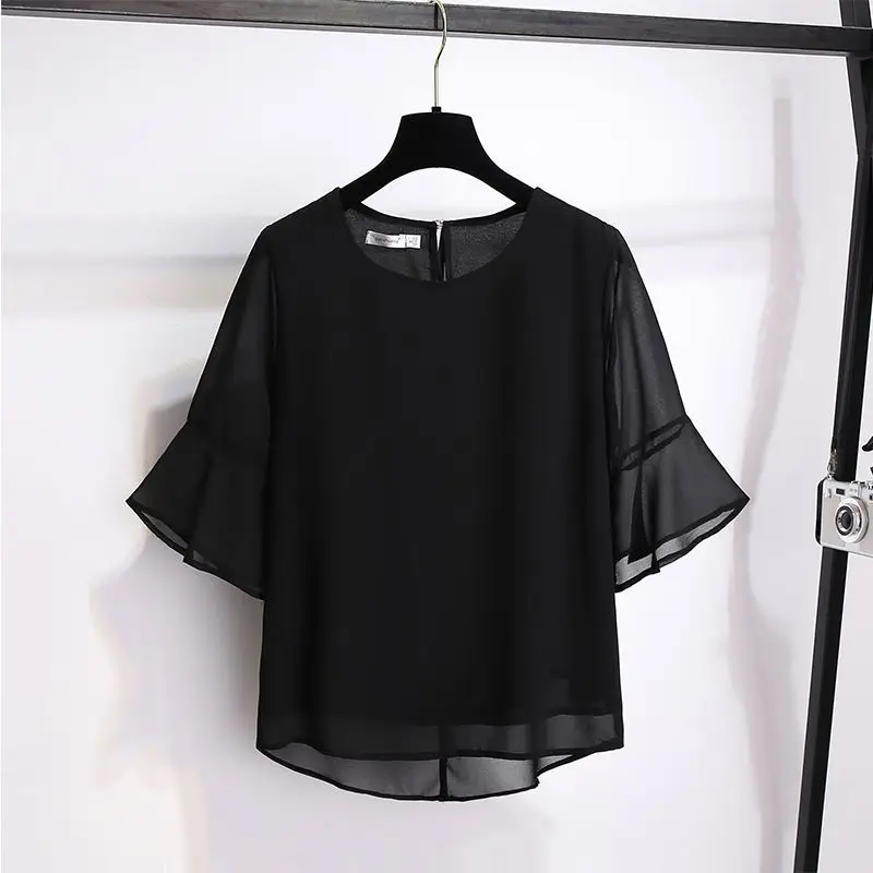 Women's Chiffon Shirt New Summer Style Solid Color Half-sleeve Round-neck Western-style Top Loose Irregular and Simple Commuting