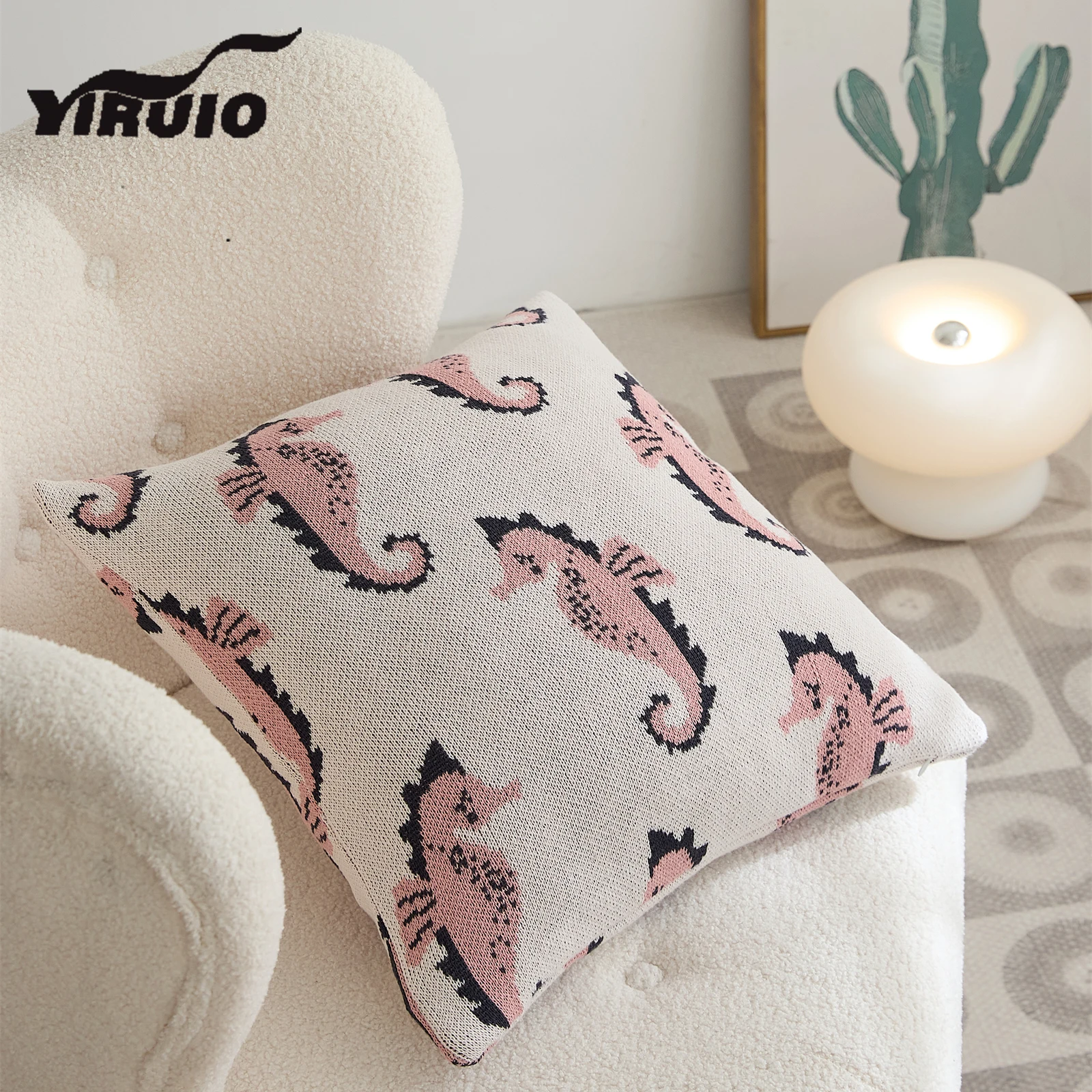 YIRUIO Kawaii Seahorse Pattern Cushion Cover Super Soft Breathable Cotton Home Decorative Sofa Knitted Throw Pillow Case Cover