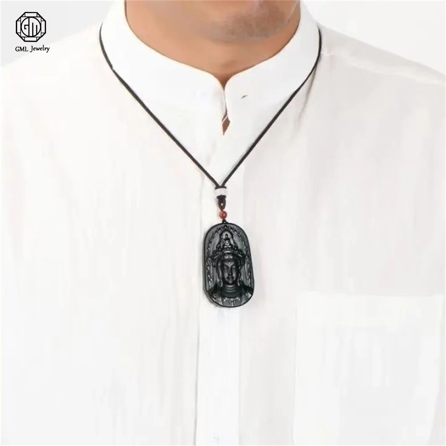 Hetian Dark Green Jade Double Side Guanyin Bodhisattva Carved Pendant Unisex Men Women Nephrite Gemstone Necklace Jewelry Gift