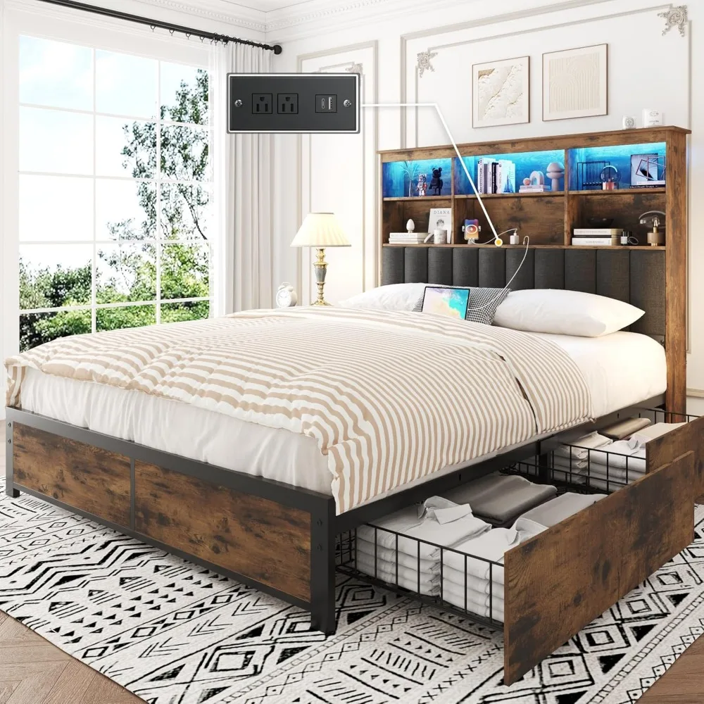 

Queen Bed Frame with Headboard, Queen Bed Frame with High Storage Bookcase Headboard,4 Storage Drawers, Bed Frames