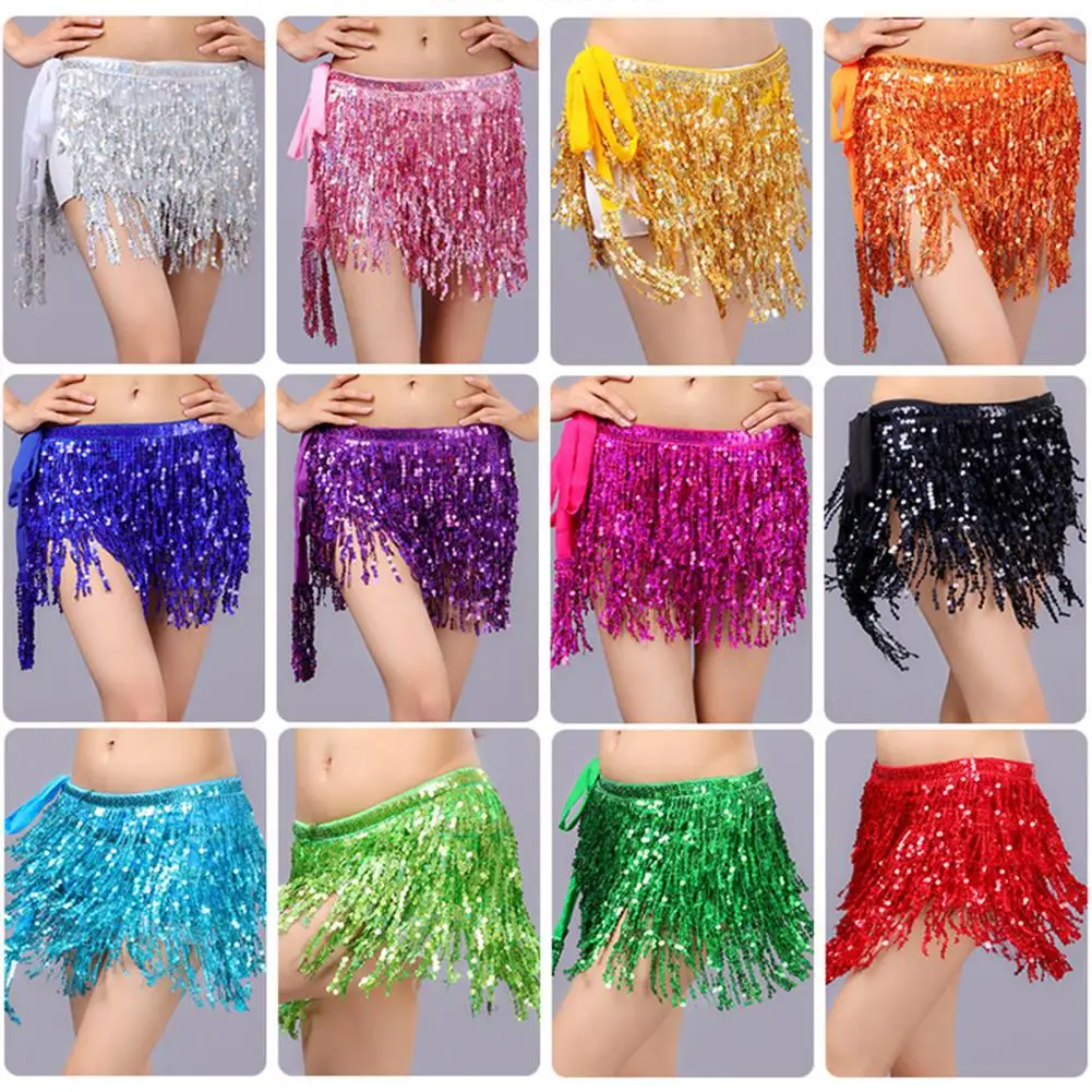 Women Belly Dance Skirt Chain Tassel Sequin Double-layer Lace-up Bohemian Mini Waist Wrap Latin Dance Belly Dance Belt Hip Scarf