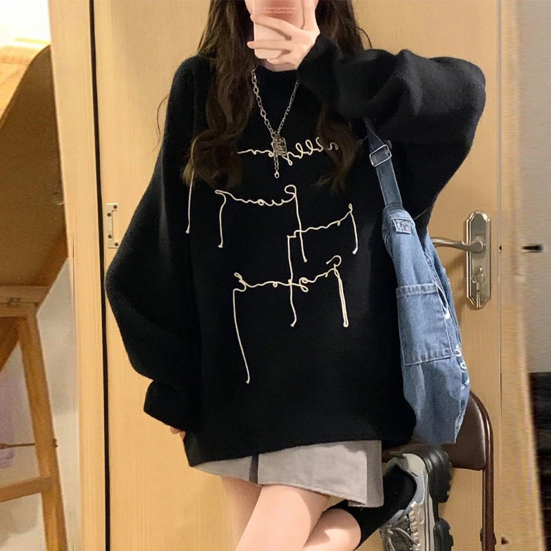 Frauen Kleidung Koreanische Mode Streetwear Y2K Brief Drucken Oversize Sweatshirt Weibliche Einfache Casual O Hals Langarm Tunika Tops