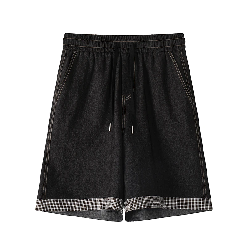 

2026 New Plaid Splicing Denim Shorts Men's Summer Thin American Loose Wide-leg Medium Pants Outer Wear Straight Five-point Pants