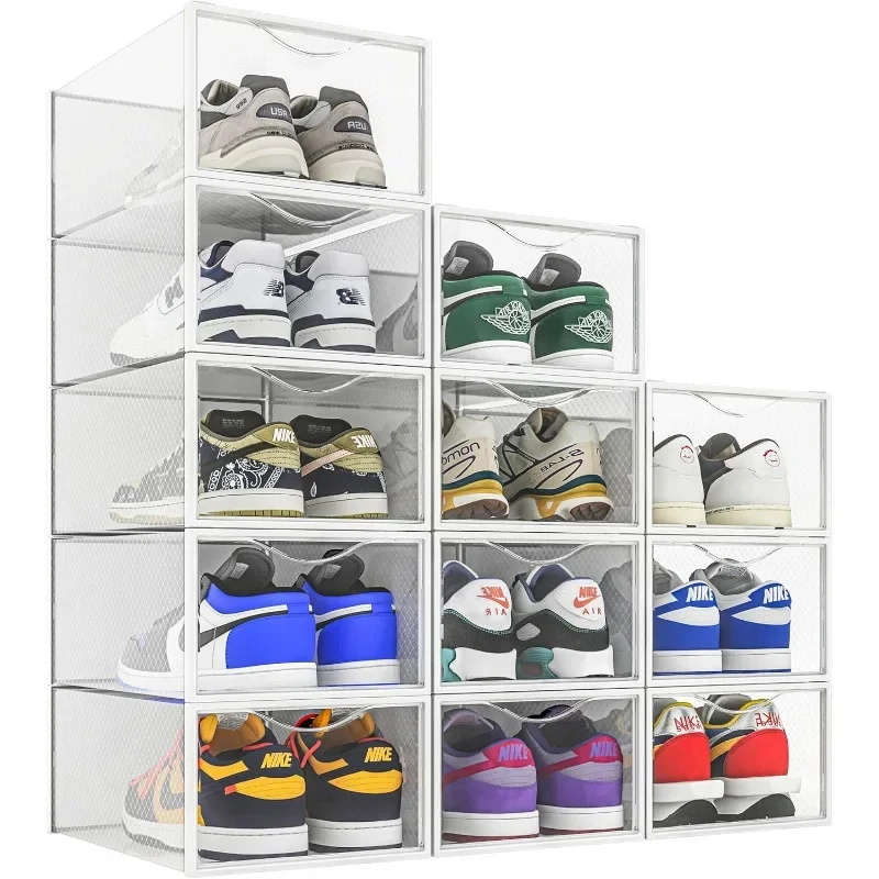 

12 Pack Shoe Storage Bins, Clear Plastic Stackable Shoe Organizer for Closet, Space Saving Foldable Shoe Rack