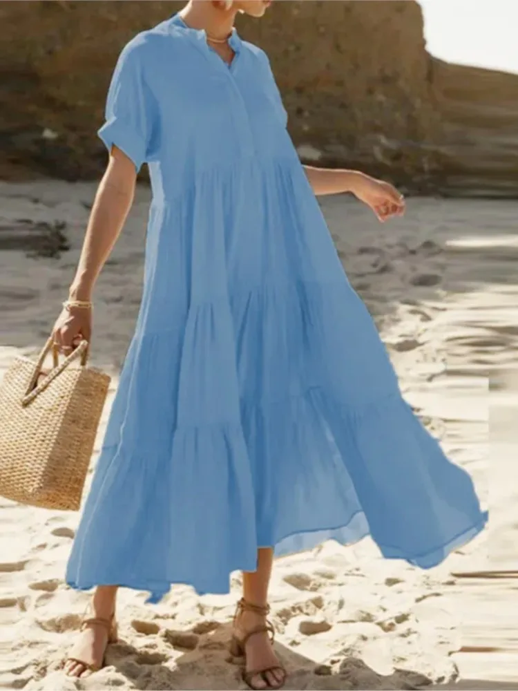

New Summer Women's Casual Loose Dress Simple Fashion Temperament Commuting Solid Color Button V-neck Short-sleeved Long Dress
