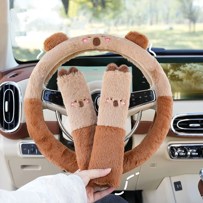 Car Steering Wheel Cover Cartoon Capybara Plush Seat Belt Decoration Accessories Comfortable Non-slip Car Steering Wheel Cover