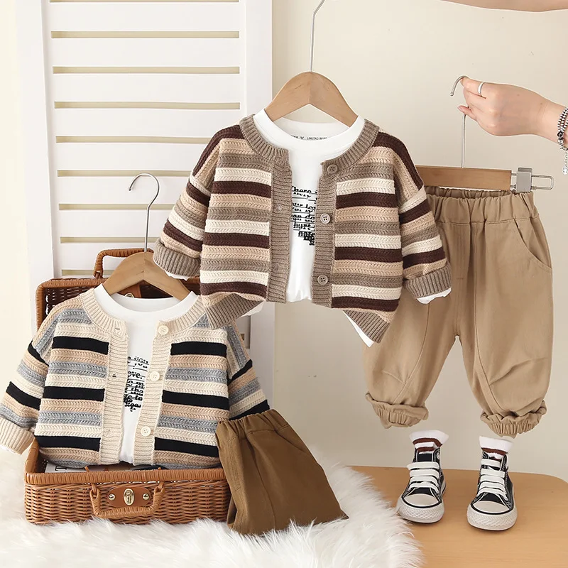 

2025 New Boys Autumn Clothes Korean Style Striped Sweater Cardigan Set 3 Pieces Knitwear Baby Toddler Outfit Fashion Kids Suits
