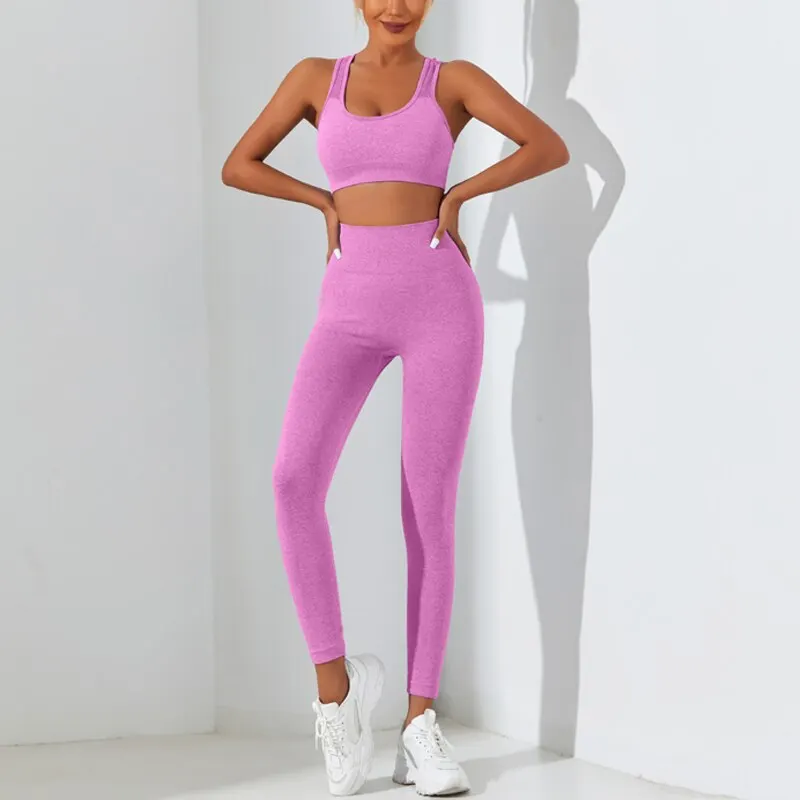 Yoga Basic 2 szt. Bezszwowy zestaw do jogi o wysokiej rozciągliwości Dres Zestaw gimnastyczny Crisscross Back Cami Hip-hugging Legginsy wyszczuplające brzuch