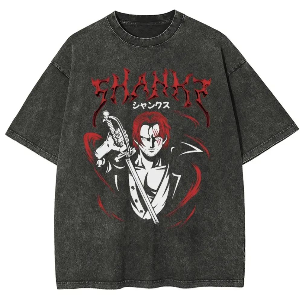 Camiseta Unisex de ONE PIECE, Lavada, Estilo Shanks, Nueva Colección Primavera-Verano, Camiseta de Anime Retro Casual Y2k, Manga Corta Desgastada