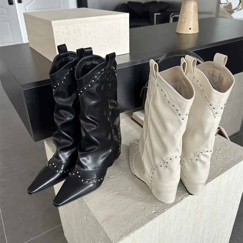 

luxury Mid calf Boots Woman Shoes designer Slip on rivet Western Boot autumn winter wedges flared Boots ladies black white