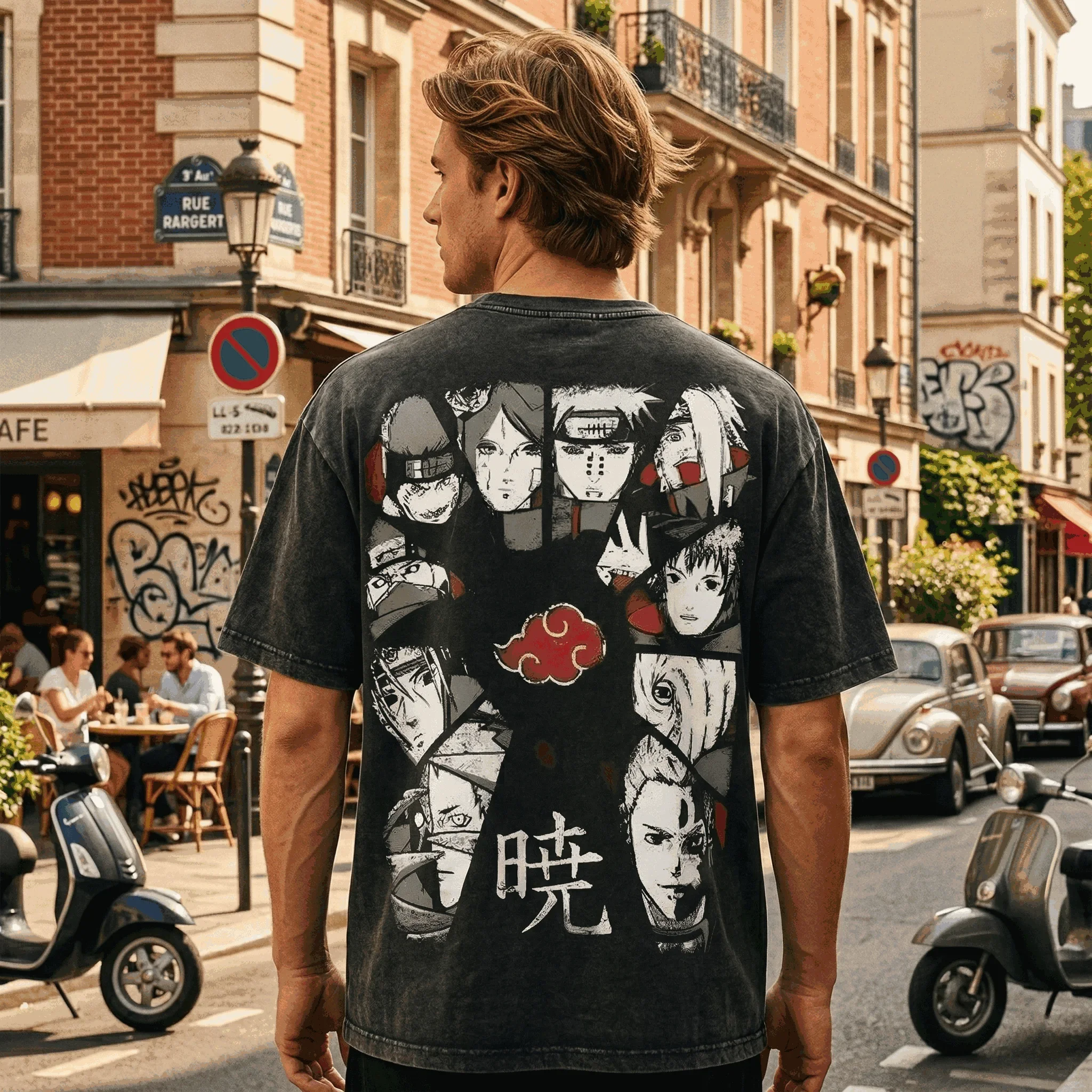 Camiseta Akatsuki para Todos los Miembros, Camiseta Naruto Vintage Lavada, Estilo Retro Anime Harajuku Streetwear, Ropa Gráfica para Hombre