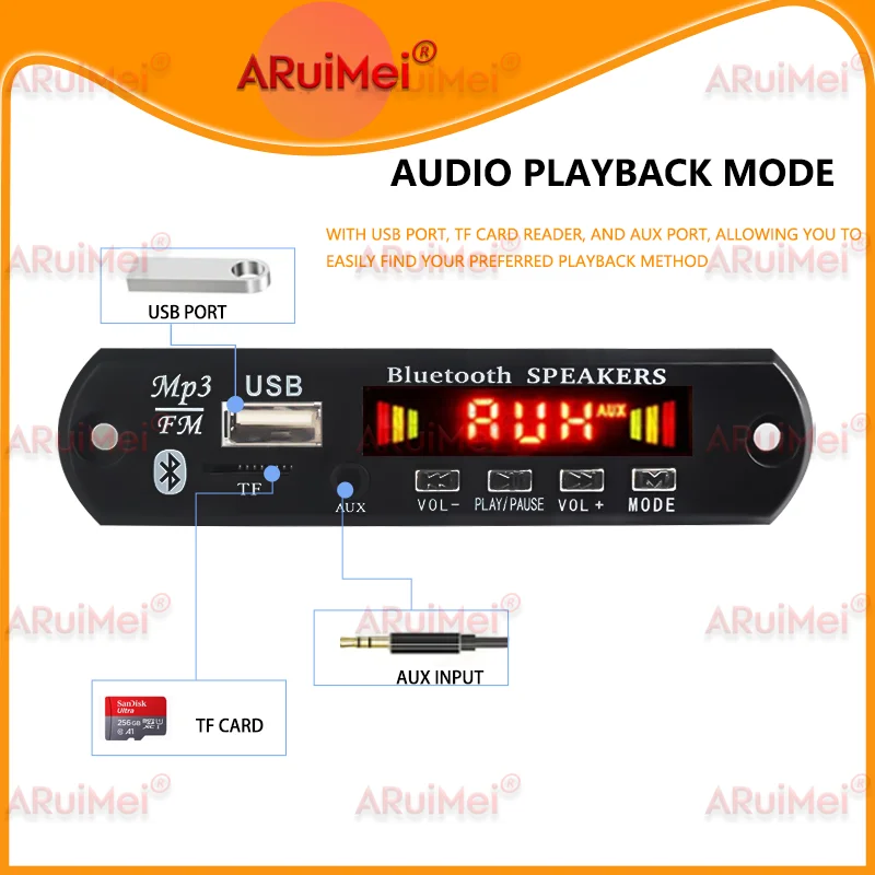 ​Bluetooth Audio Amplifier Board for Car Stereo - MP3 WMA APE Decoder with USB TF Card FM Radio Handsfree MIC, DC 7-12V