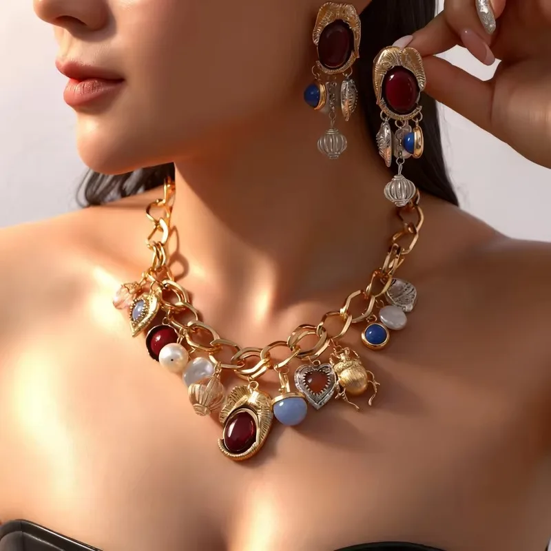 

Retro Elegant Faux Pearl Gemstone Jewelry, Multi Layer Geometric Pendant Necklace & Dangle Earrings Set