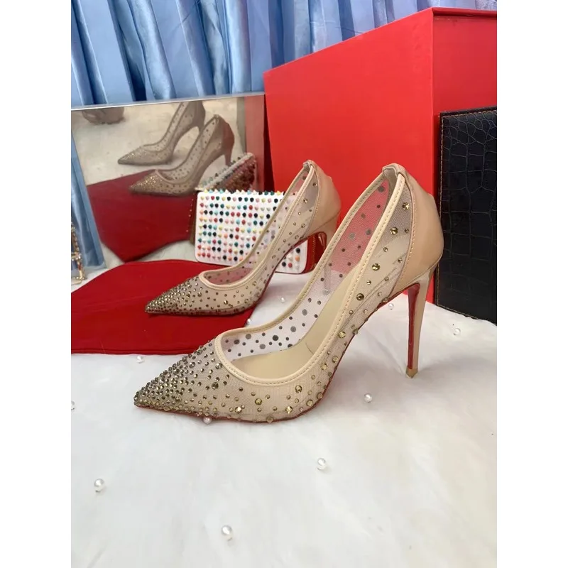 

Sexy mesh, rhinestone, nude color, patent leather,breathable, lightweight,banquet goddess, ultra-fine heel, plus size high heels
