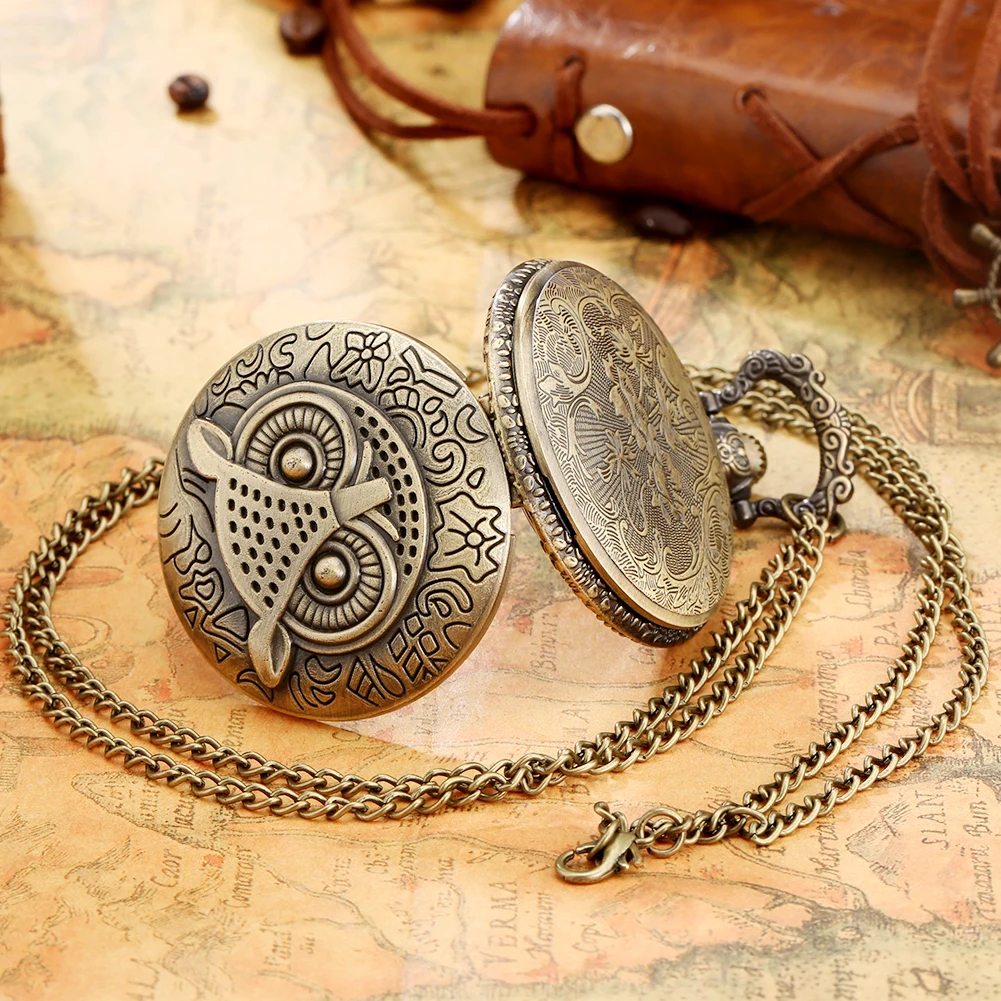 Bronze Owl Full Hunter Pocket Watch Quartz Movement Arabic Numerals Dial Pendant Necklace Watch 80 cm Chain Antique Style Gift