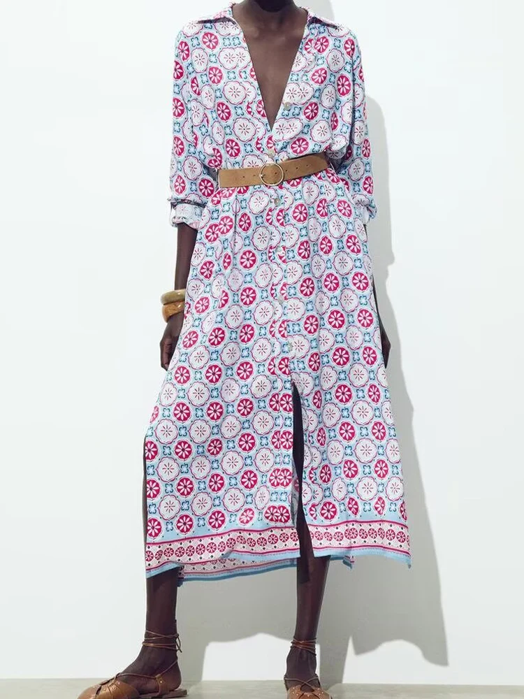 

European and American style summer new women's clothing fashion casual trend temperament with belt printed midi dress