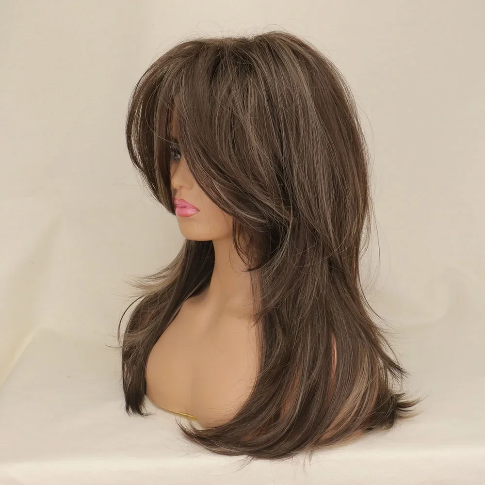 SuQ-Perruque Synthétique Longue et Ondulée avec Frange pour Femme، Ombre، Marron، Blonde، Cosplay، Naturel، Chaleur، Degré